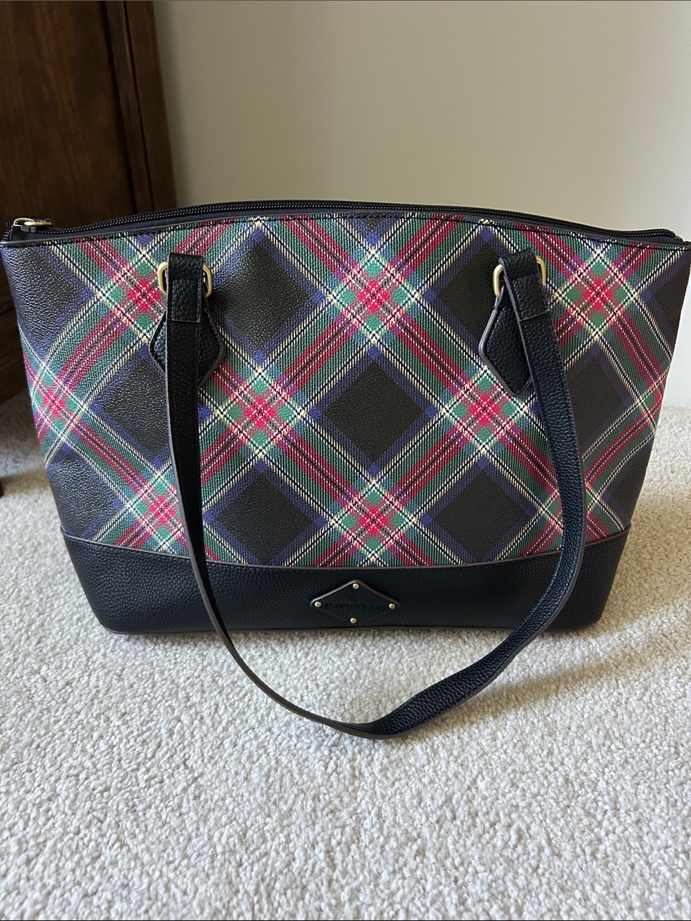 St. John's Bay Plaid Shoulder Tote in Black with Red and Green Accents